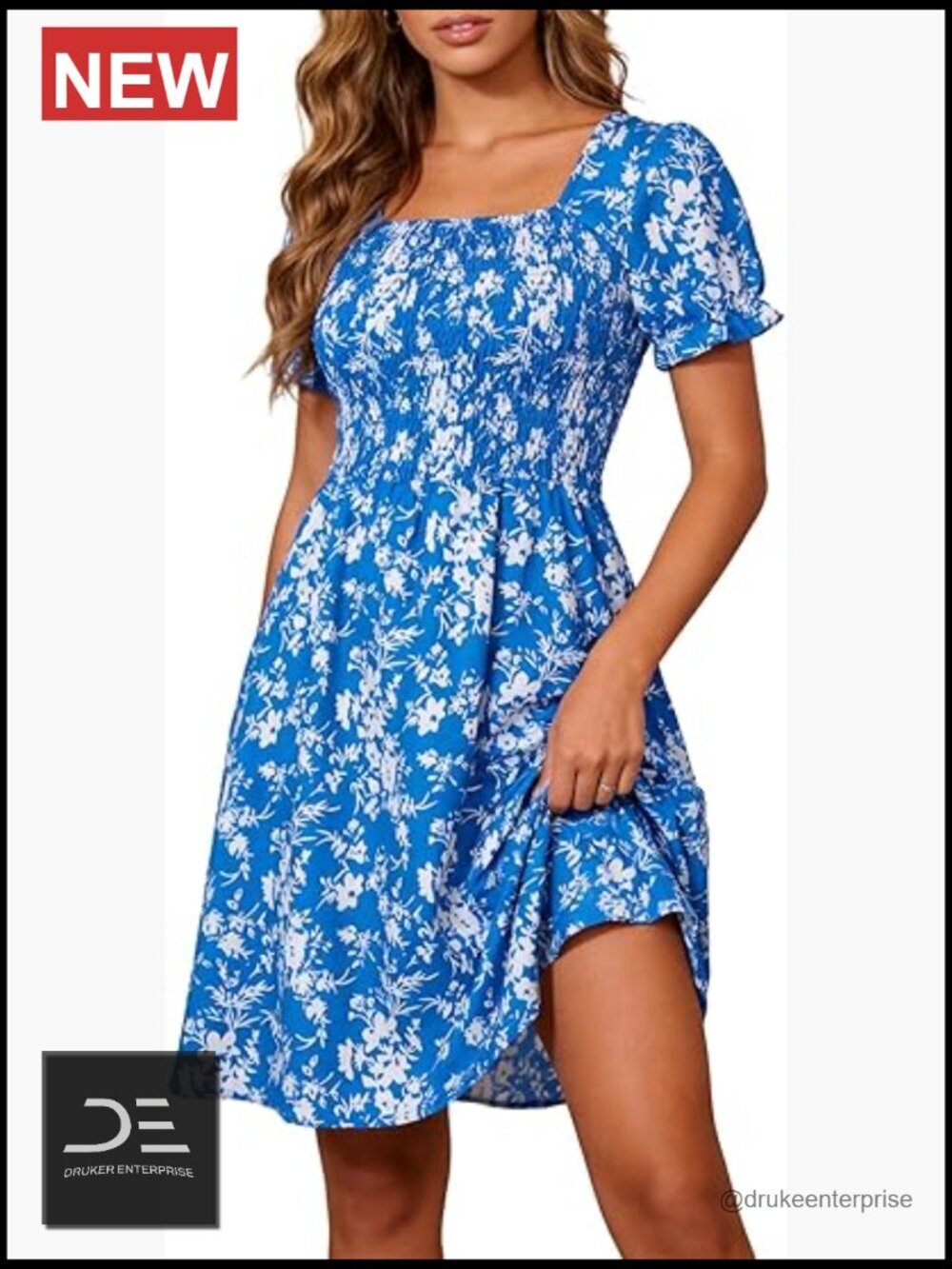 Square Neck Smocked Mini Dress with Pockets Short Sleeve Flowy A-Line Boho Sun